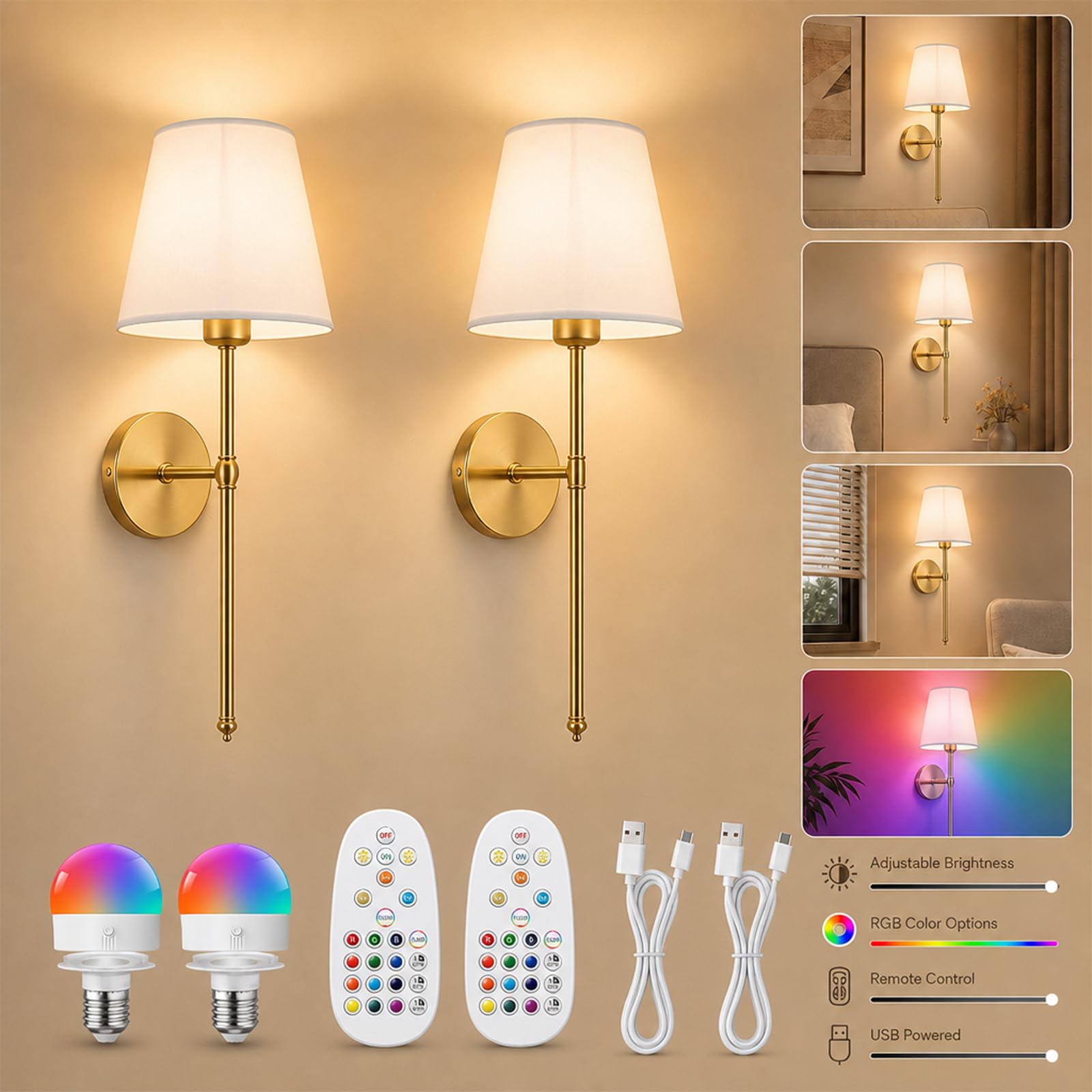 Battery Operated Wall Sconces Set of 2, Rechargeable Wall Lights,Gold Wireless Wall Lamps with Remote, Infinitely Dimmable, 15 RGB Colours & 3 Colour Temperatures, Timer, for Bedroom Bathroom Hallway