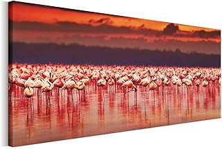 Revolio 150x60 cm Quadro Panoramica Moderno Stampa su Tela Canvas per Camera da Letto Soggiorno Decorazione Murale Stampe da Parete Grandi Dimensioni - Fenicotteri Animali Acqua Rosso Rosa