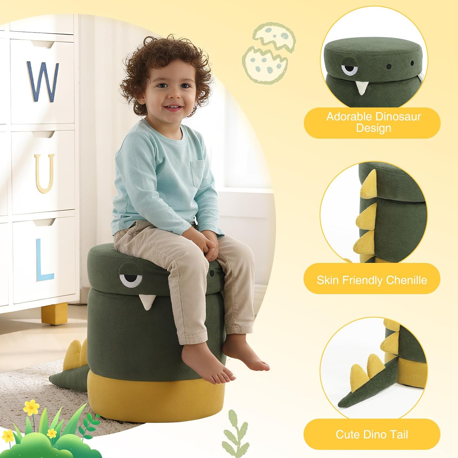 Dinosaur Toddler Chair Comfy Chenille Kids Reading Chairs, Wooden Children Stool, No Assembly Kid Desk Chair, Cute Storage Ottoman for Kids Bedroom Furniture/Playroom/Boys Girls Gifts, Green