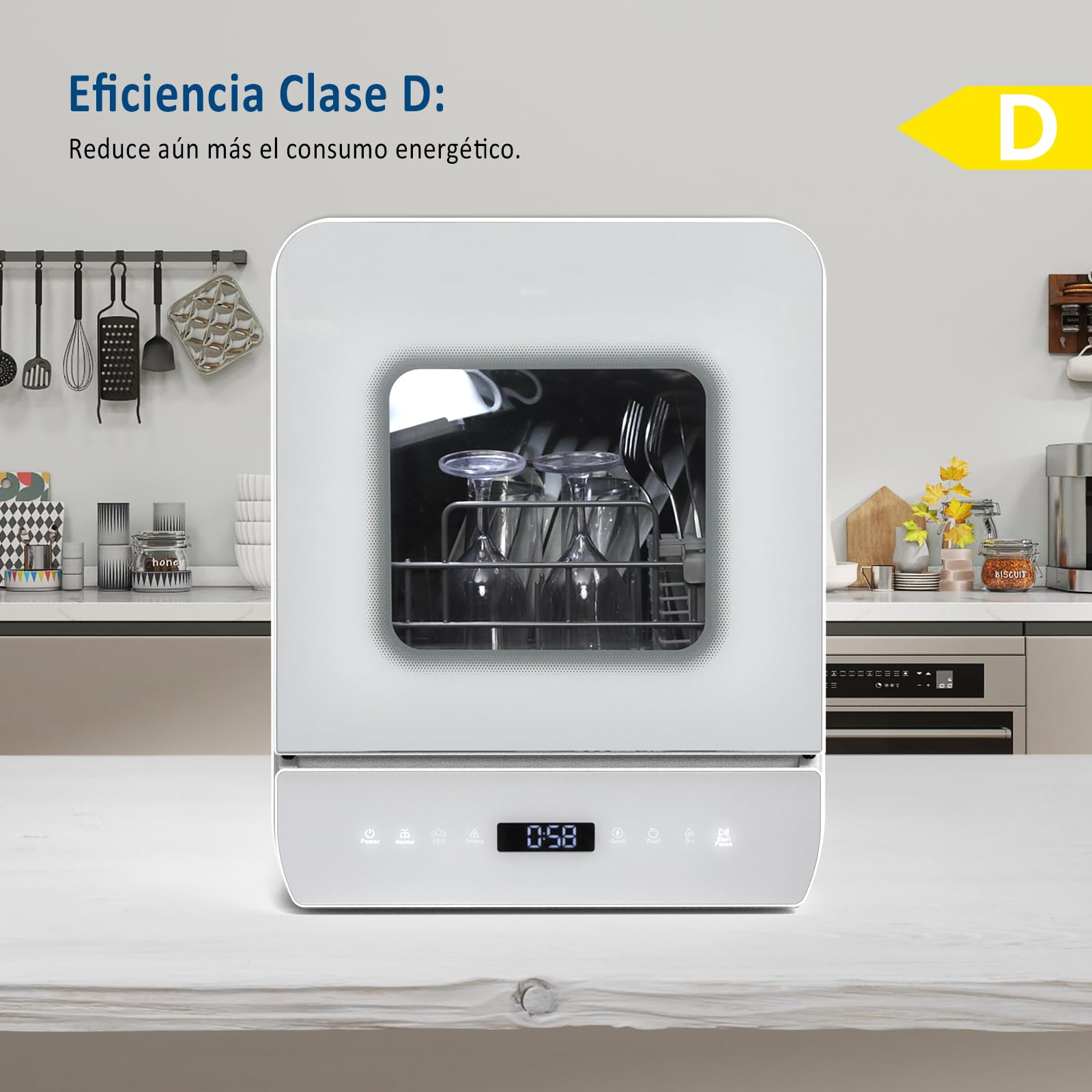 YU YUSING Lavavajillas de Encimera 45 cm 4.8 L con 7 Programas 5 Juegos, Mini Lavavajillas Pequeño con 2 Suministro Agua, Portátil, Control Táctil, Pantalla LED para Casa Oficina Camping, Blanco