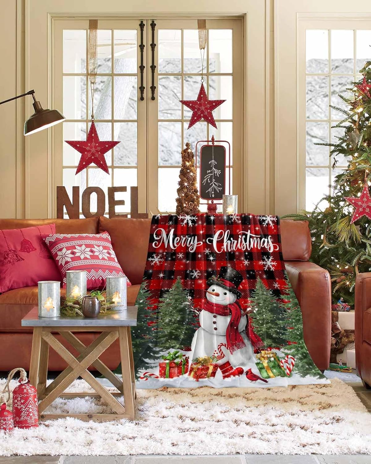 Christmas Snowman Flannel Fleece Throw Blanket, Xmas Tree Snowflake Microfiber Soft Fleece Blankets for All Season, Red Black Checkered Lightweight Fluffy Blanket for Sofa, Couch, Bed, 40"x50"