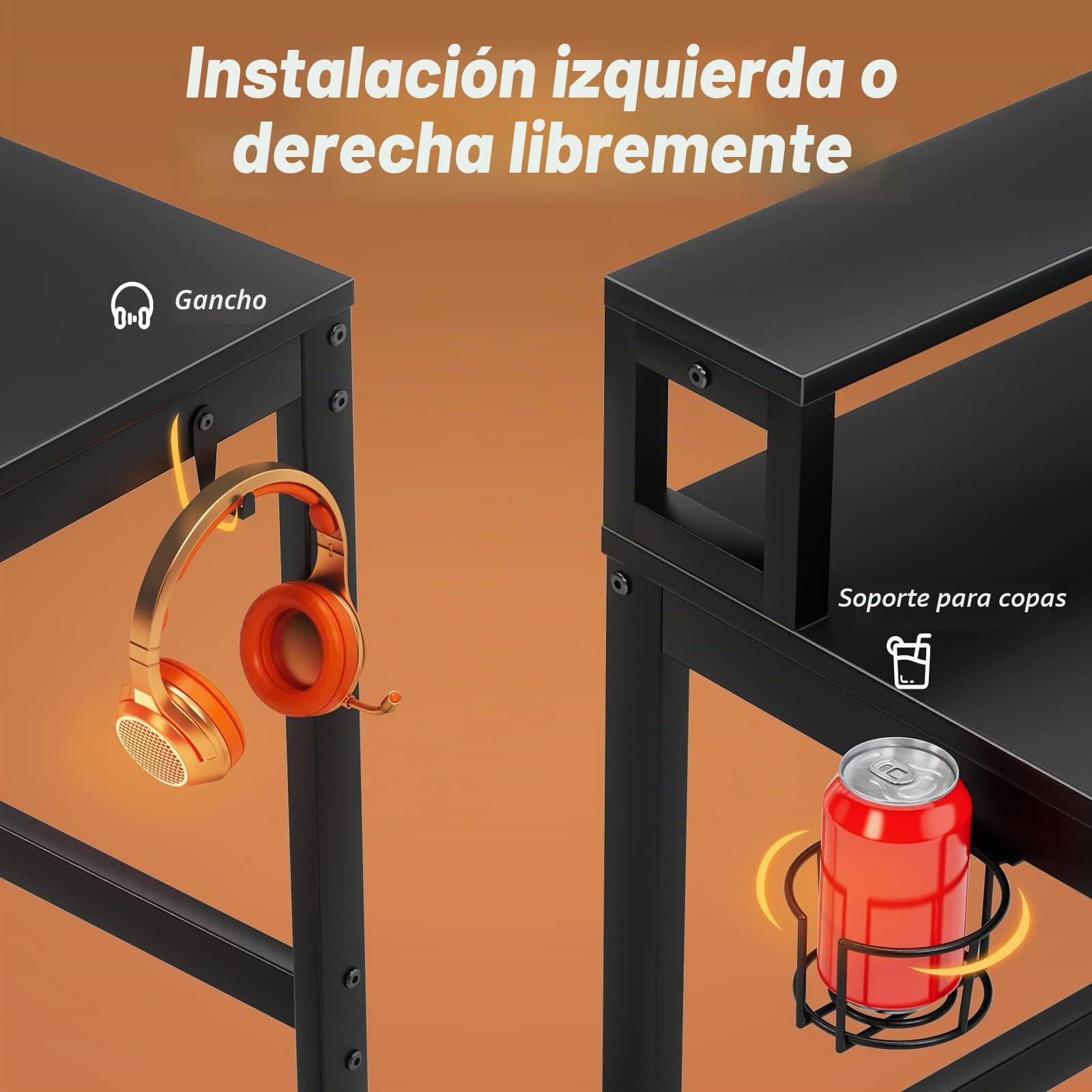 GreenForest Escritorio para juegos en forma de L con portavasos y gancho para auriculares, reversible de 128 cm para computadora con soporte para monitor