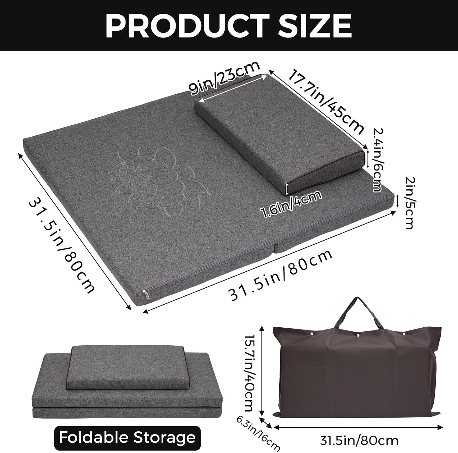 31.5in×31.5in Foldable Meditation Cushion Mat with Removable Cover | Large Breathable Mindful Floor Sitting Pillow Set, Ergonomic Support Zafu Pad for Yoga Zen Kneeling Sitting, Grey