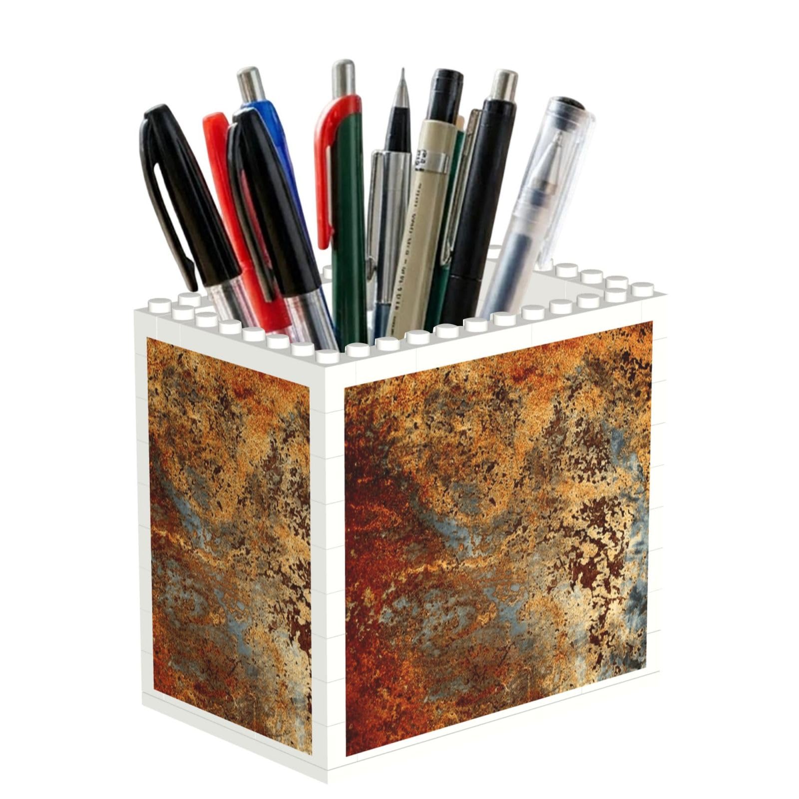 Poadnly Brown Rust Colorful Metal Rusty Steel Iron Structure, Pen Pot Pencil Holder for Office Home School, Compact Desk Organiser for Office Stationery
