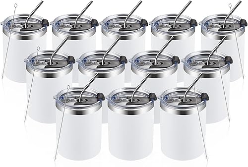 Miniatura 21 de MEWAY Vaso de acero inoxidable de 12 onzas con aislamiento al vacío de doble pared con popote y tapa, cepillo de limpieza, taza de café aislada