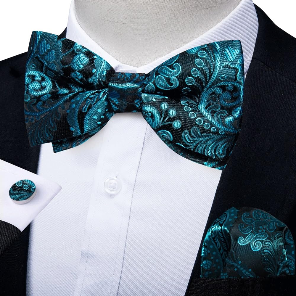 JFDBGU Adjustable Bowtie Business Wedding Handerchief Cufflinks Set Gifts Paisley Pre-Tied Bow Tie for Men(Blue)