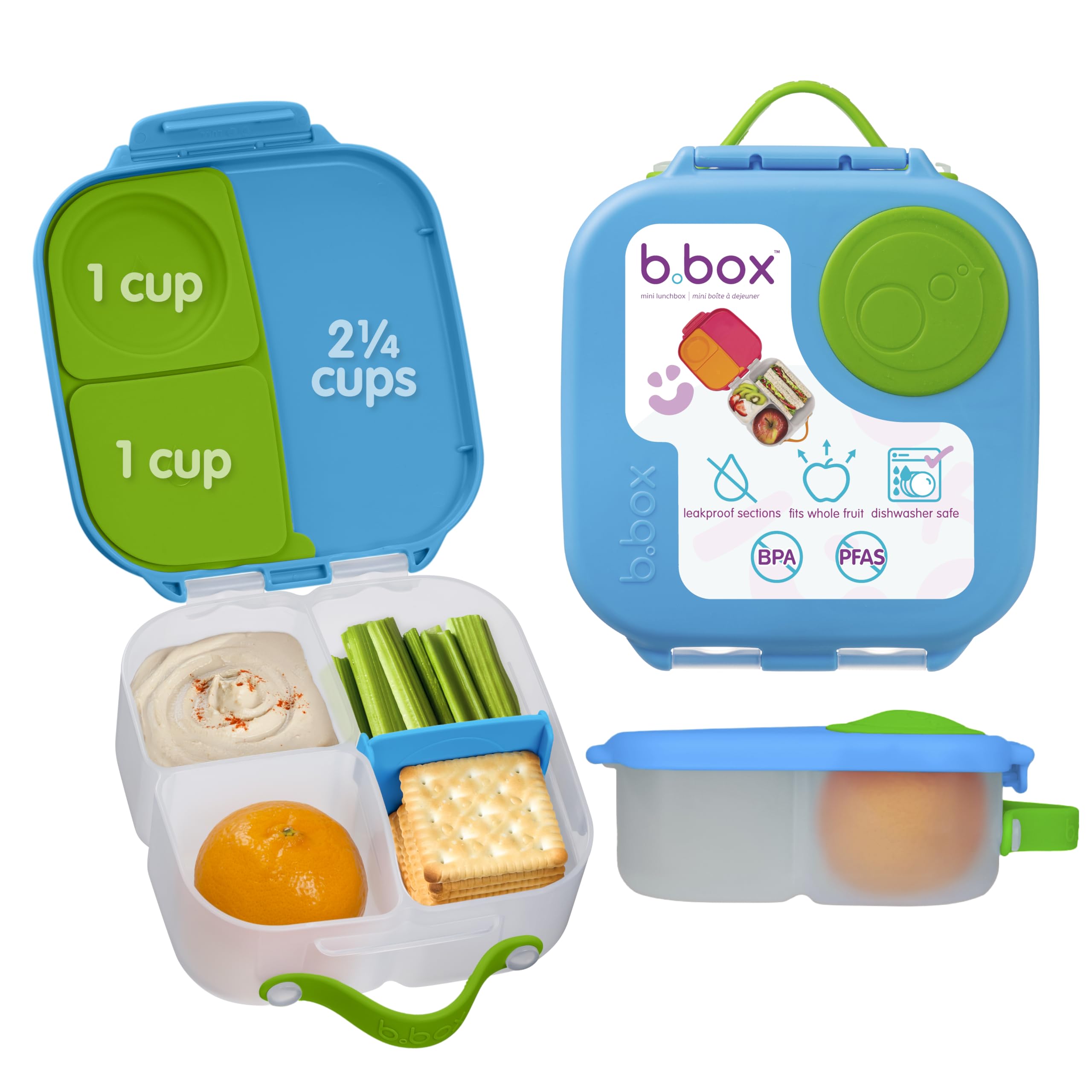 Mini Lunch Box, 4.25 Cup Leak Proof Bento Box for Kids Ages 3+, 3 Compartment Snack Containers, School Lunch Container, Dishwasher Safe, BPA-Free, PFAS-Free - Ocean Breeze