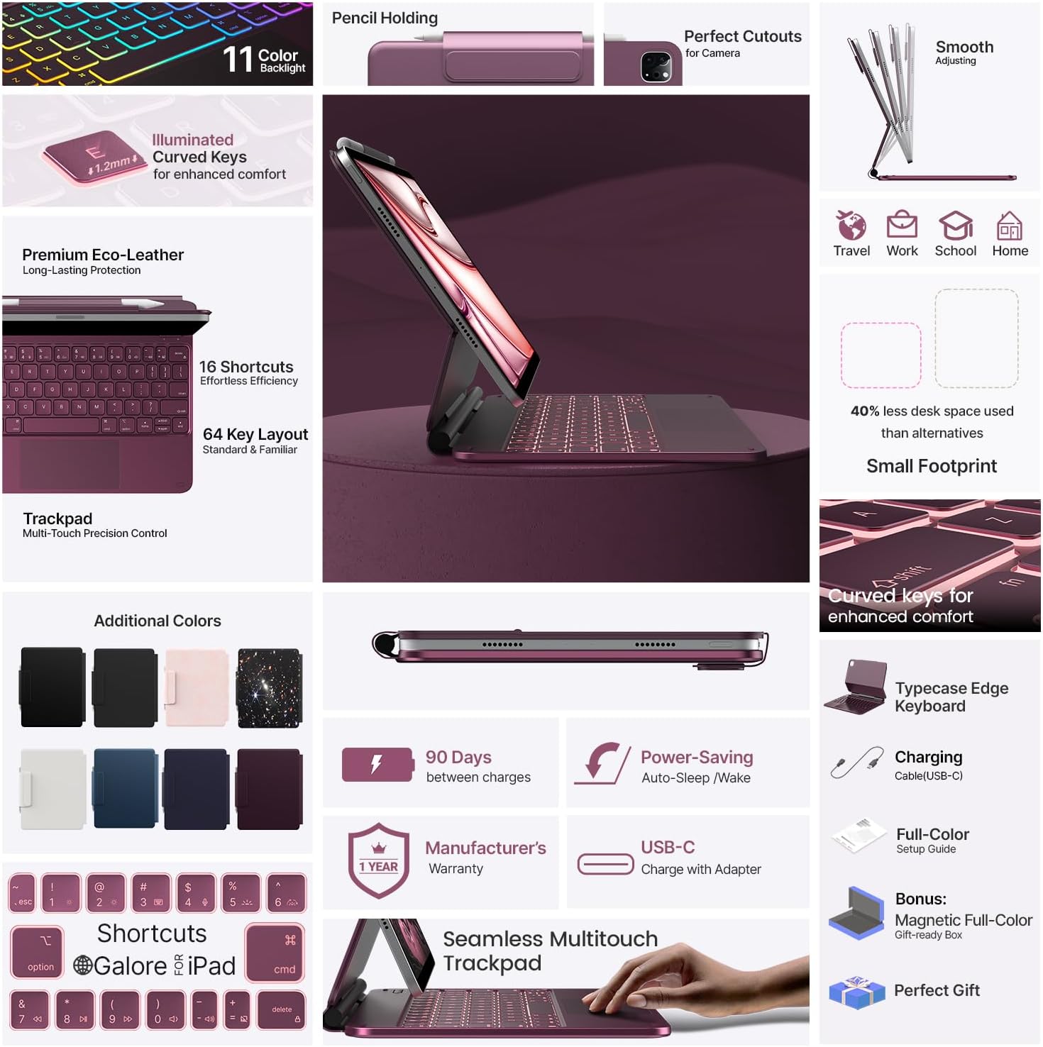 typecase Edge Keyboard Case for iPad Air 11-inch(M3/M2, 2025/2024), iPad Pro 11-inch(4th/3rd/2nd/1st Gen) & iPad Air 10.9-inch 5/4th Gen, Multi-Touch Trackpad, 11-Color Backlight, Raspberry - Image 4