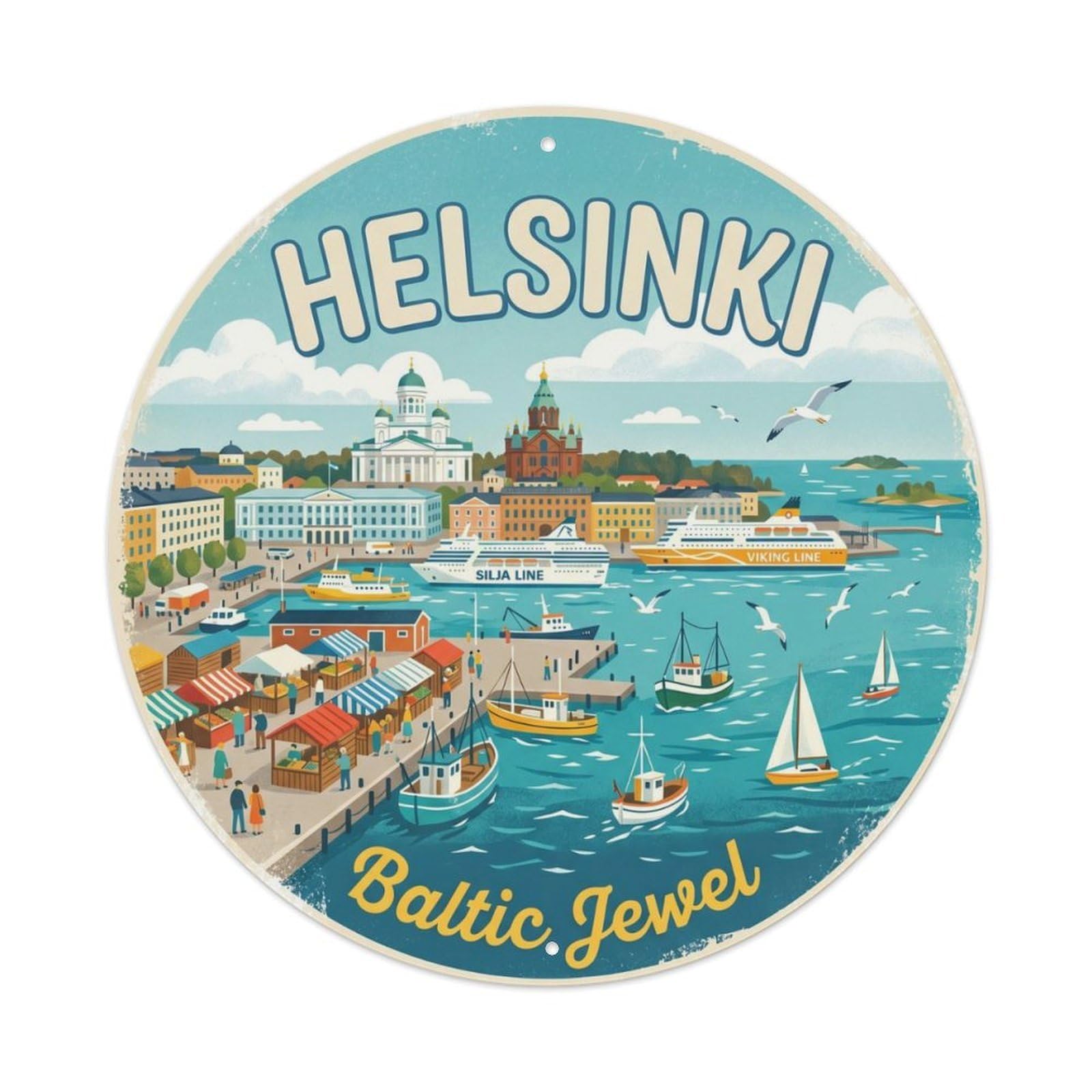 Vintage Travel Helsinki Finland Harbor Metal Tin Sign Plaque Wall Decor for Cafe, Club Bar, Office, Home Garden Round Metal Poster 8x8Inch