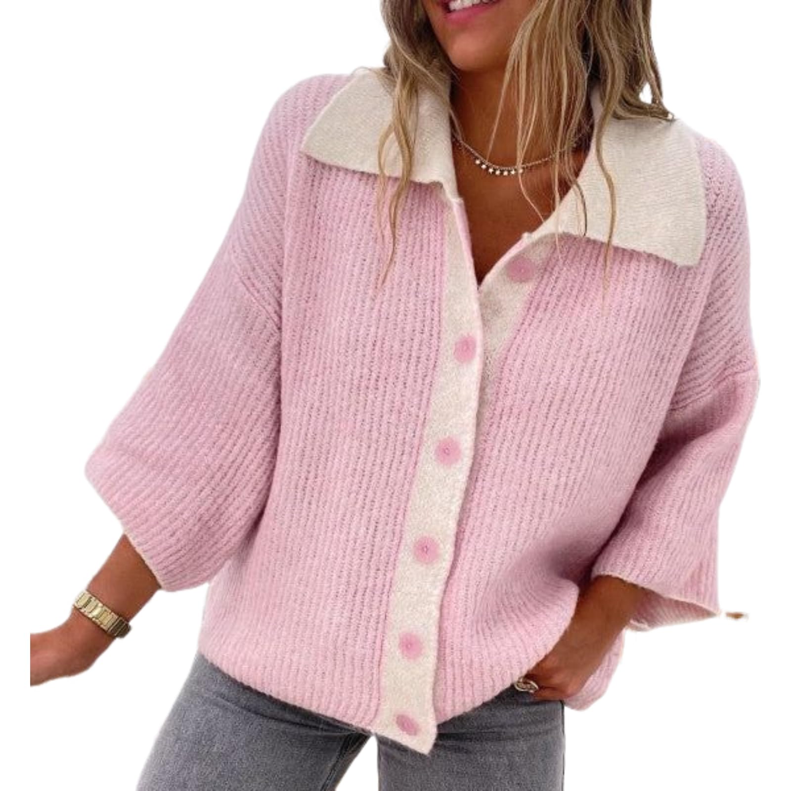 Womens Lapel V-Neck Long Sleeve Pink Daily Sweaters 2025 Fall Winter Fashion Casual Sweet Going Out Cardigan