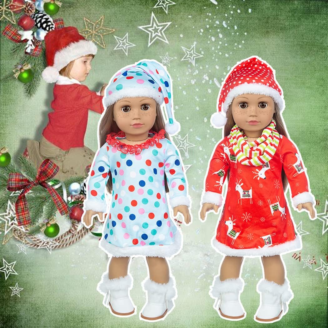 iBayda 2 Sets Doll Clothes Accessories Include 2 Dress 2 Hats 1 Scarf and One-Pair White Boots for 18 inch Dolls