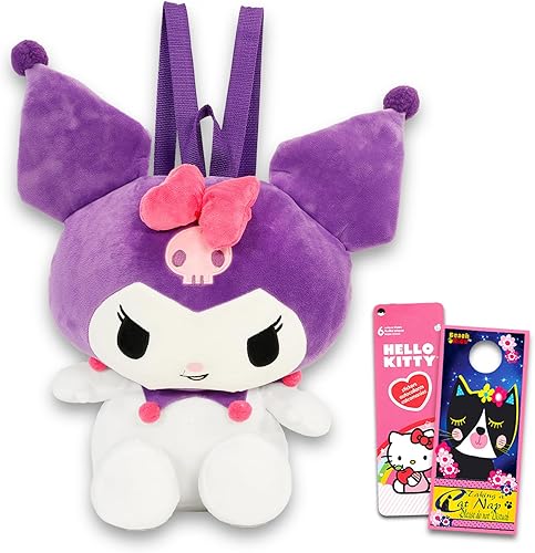 Hello Kitty and Friends Kuromi - Juego de mochila de peluche, paquete de muñeca de peluche de 14 pulgadas con correas de transporte, calcomanías y