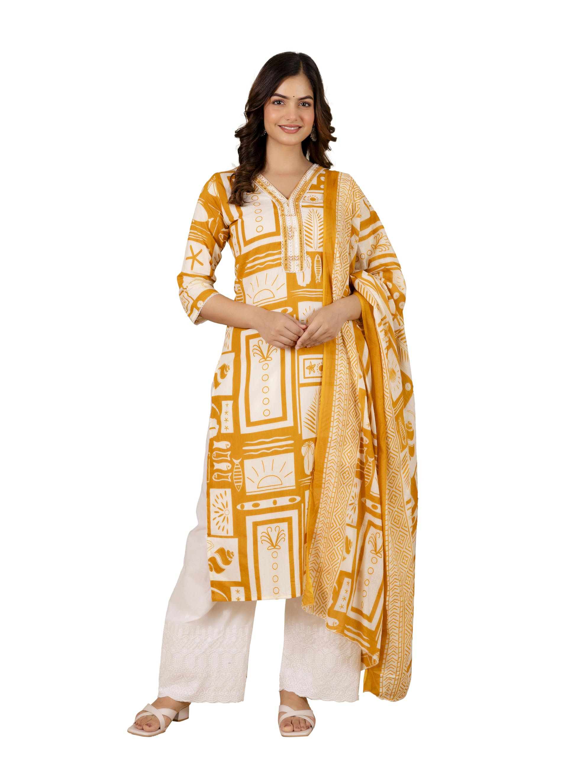 Women's Cotton Embroidery Work Kurta Pant Set with Dupatta Salwar Suit Set For Women