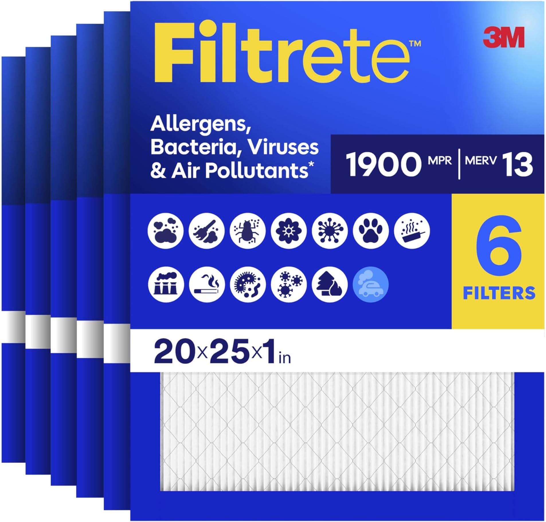 20x25x1, AC Furnace Air Filter, MPR 1900, Healthy Living Ultimate Allergen, 6-Pack (exact dimensions 19.69 x 24.69 x 0.78)
