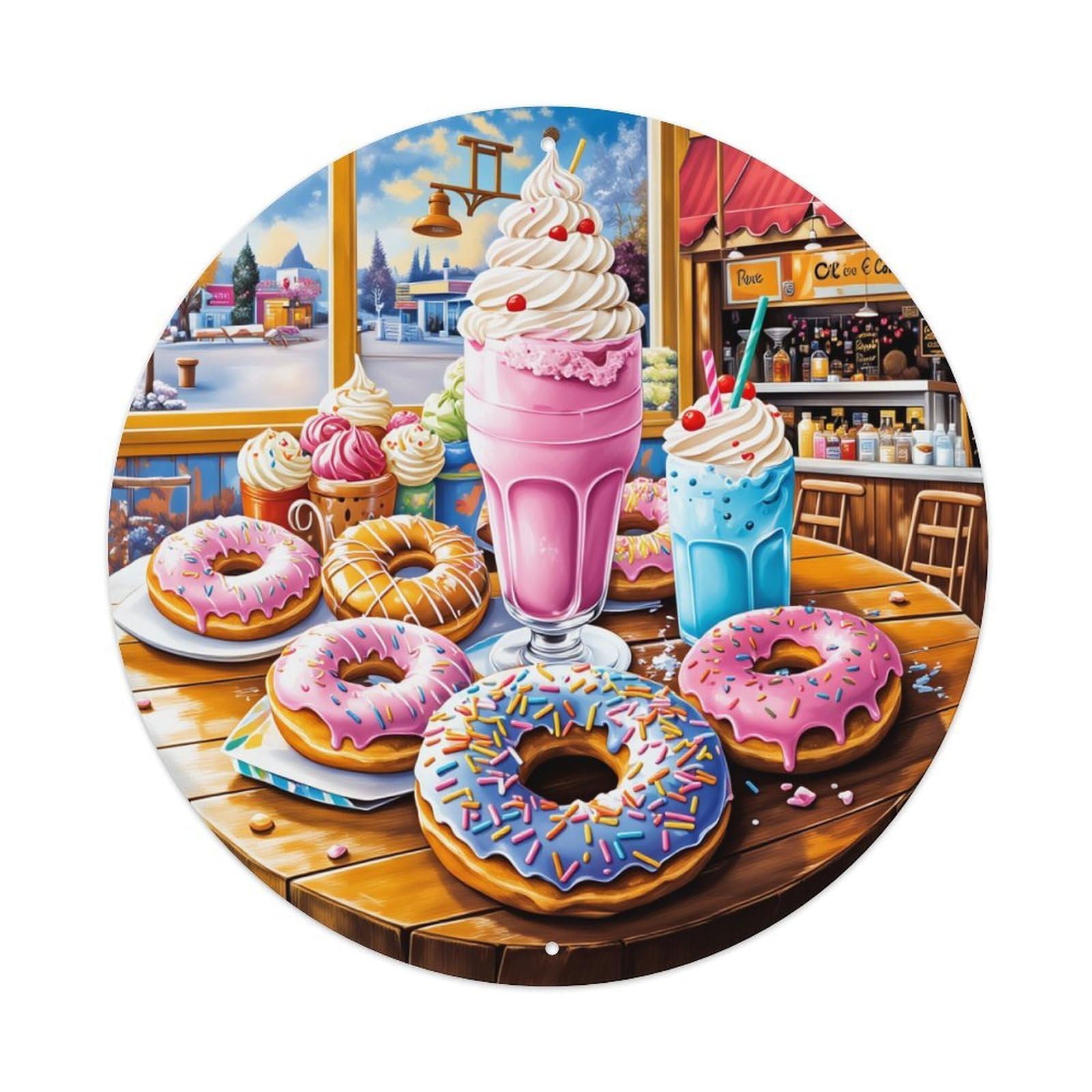 Donut Milkshake Sprinkle Colorful Sweet Round Tin Sign Vintage Metal Poster, Home Bar Garage Man Cave Cafe Indoor & Outdoor Wall Decoration 8x8Inches