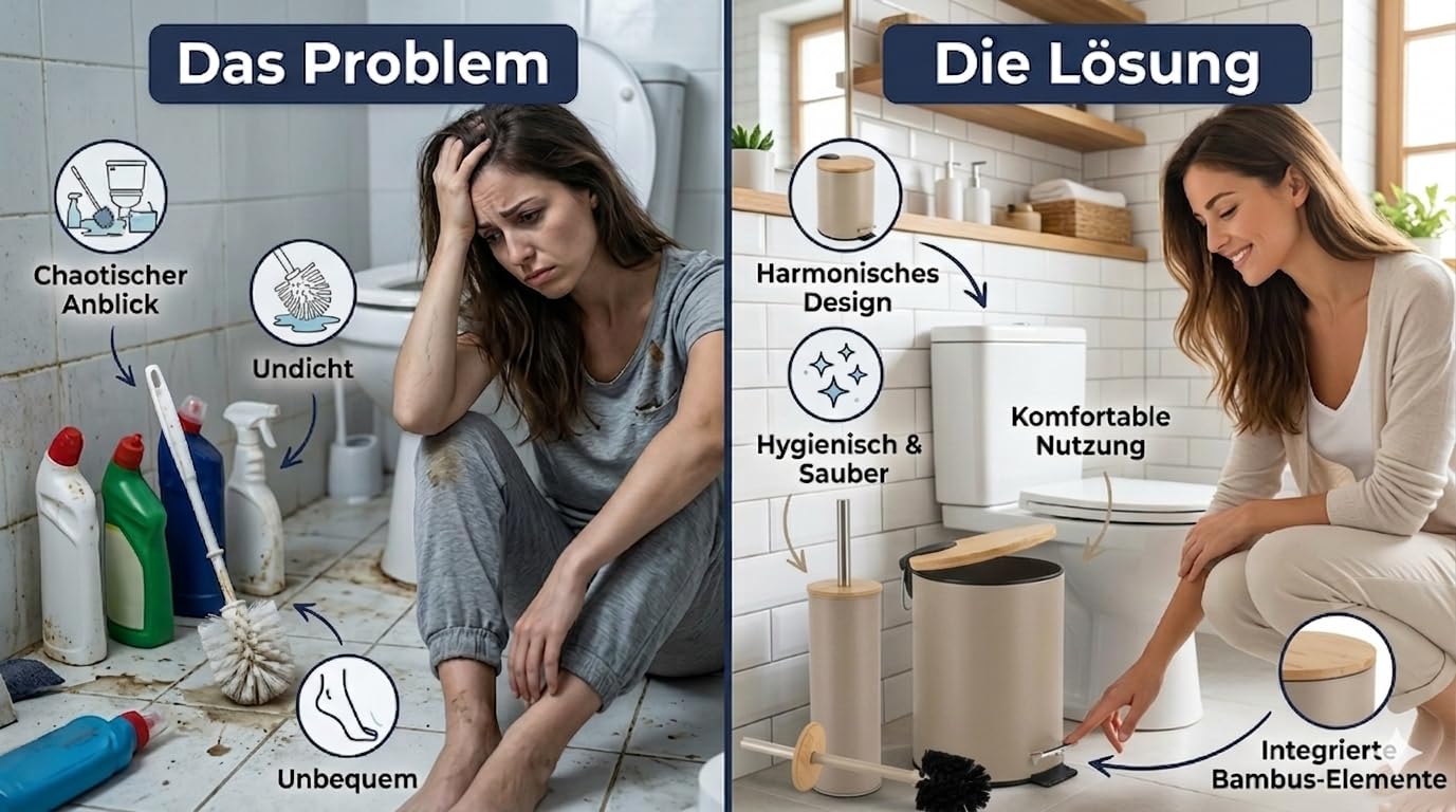 Badaccessoire-Set 2-teilig – Toilettenbürste & Kosmetikeimer mit Absenkautomatik für Bad & Gäste – Mattes Design & Bambusdeckel – Soft-Close-Technologie (Taupe)