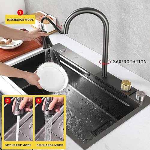 Miniatura 4 de Fregadero de cocina nano negro de acero inoxidable 304, fregadero de cascada multiusos con grifo y montaje de drenaje, montaje empotrado o debajo