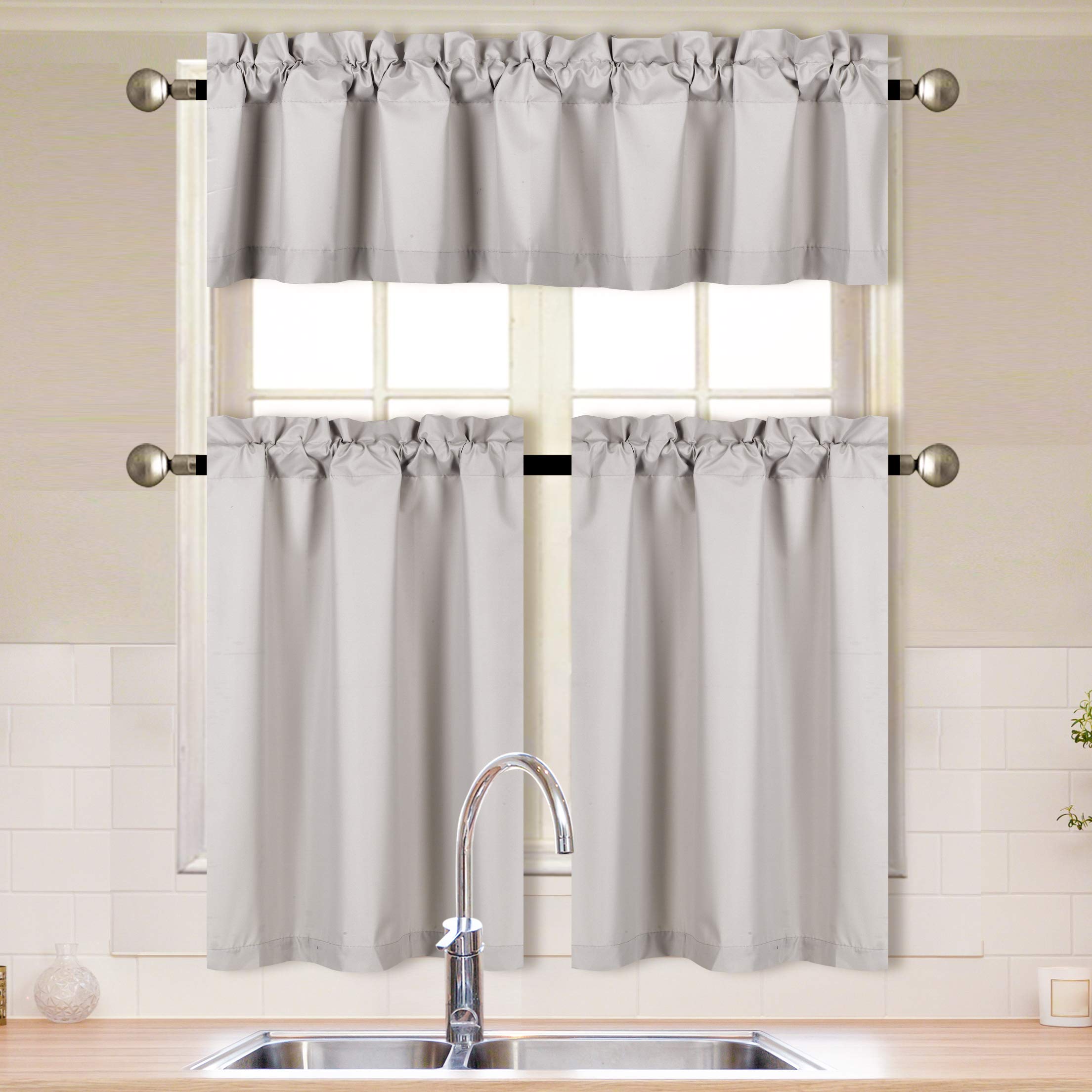 Better Home Style 3 Piece Solid Color 100% Blackout Kitchen Window Curtain Set with Tiers and Valance Solid Energy Efficient Thermal Room Darkening Drape Window Treatment # MKC (Light Grey/Silver)