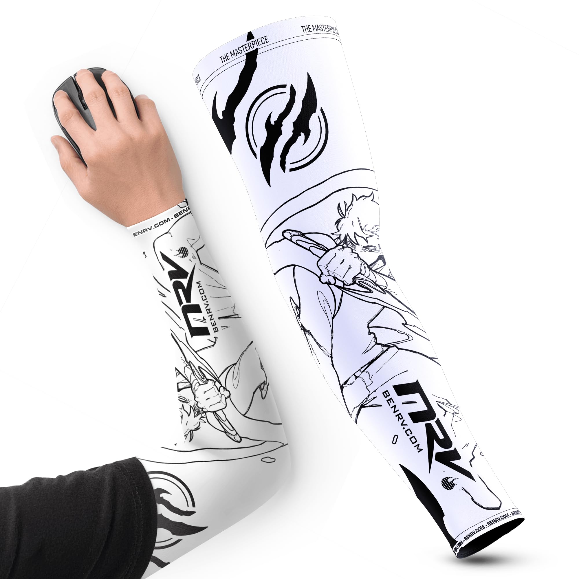 NRV Manchette Gaming eSport MasterPiece – Compression Confort & Contrôle – Anti-Friction – Inspiration Manga – Blanc & Noir – Taille S à 3XL