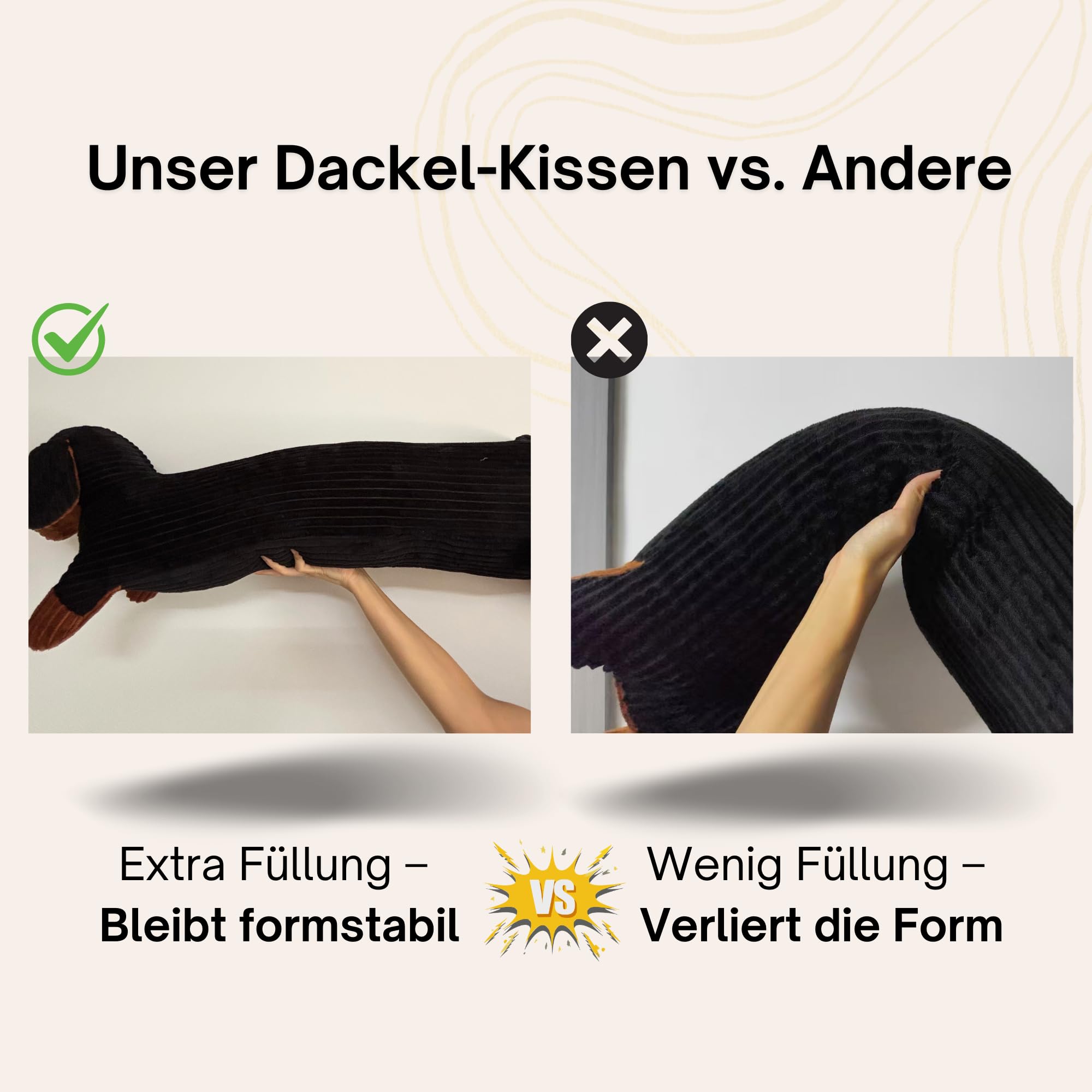 XXL Dackel Kissen 100cm Hundmotiv Seitenschläferkissen Cord-Bezug