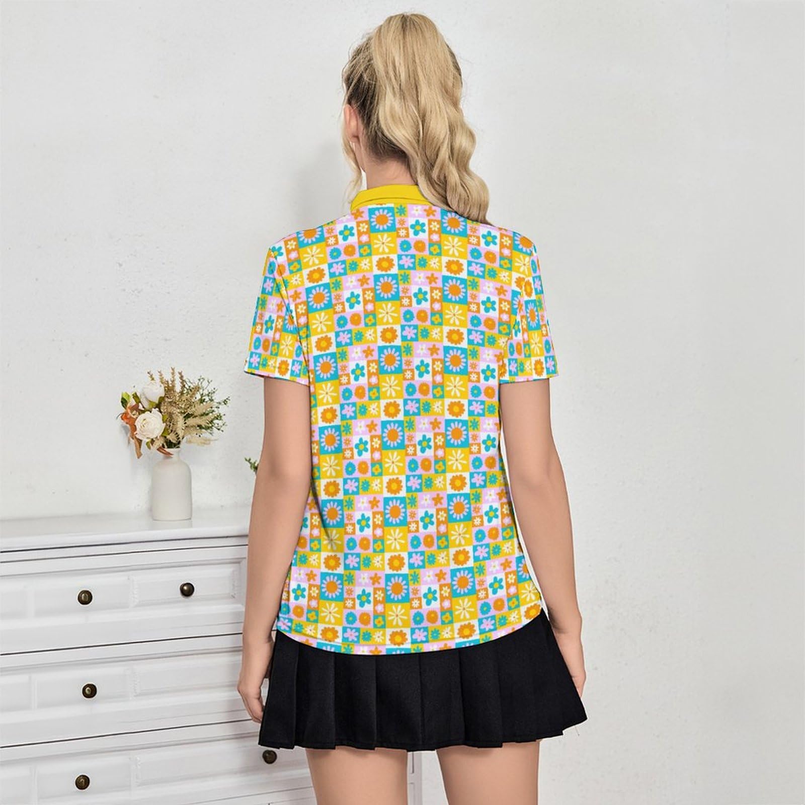 Women's Retro Flowers Golf Shirt 70s Moisture Wicking Golf Polo Shirts Short Sleeve Dry Fit Tennis Shirts 2XL