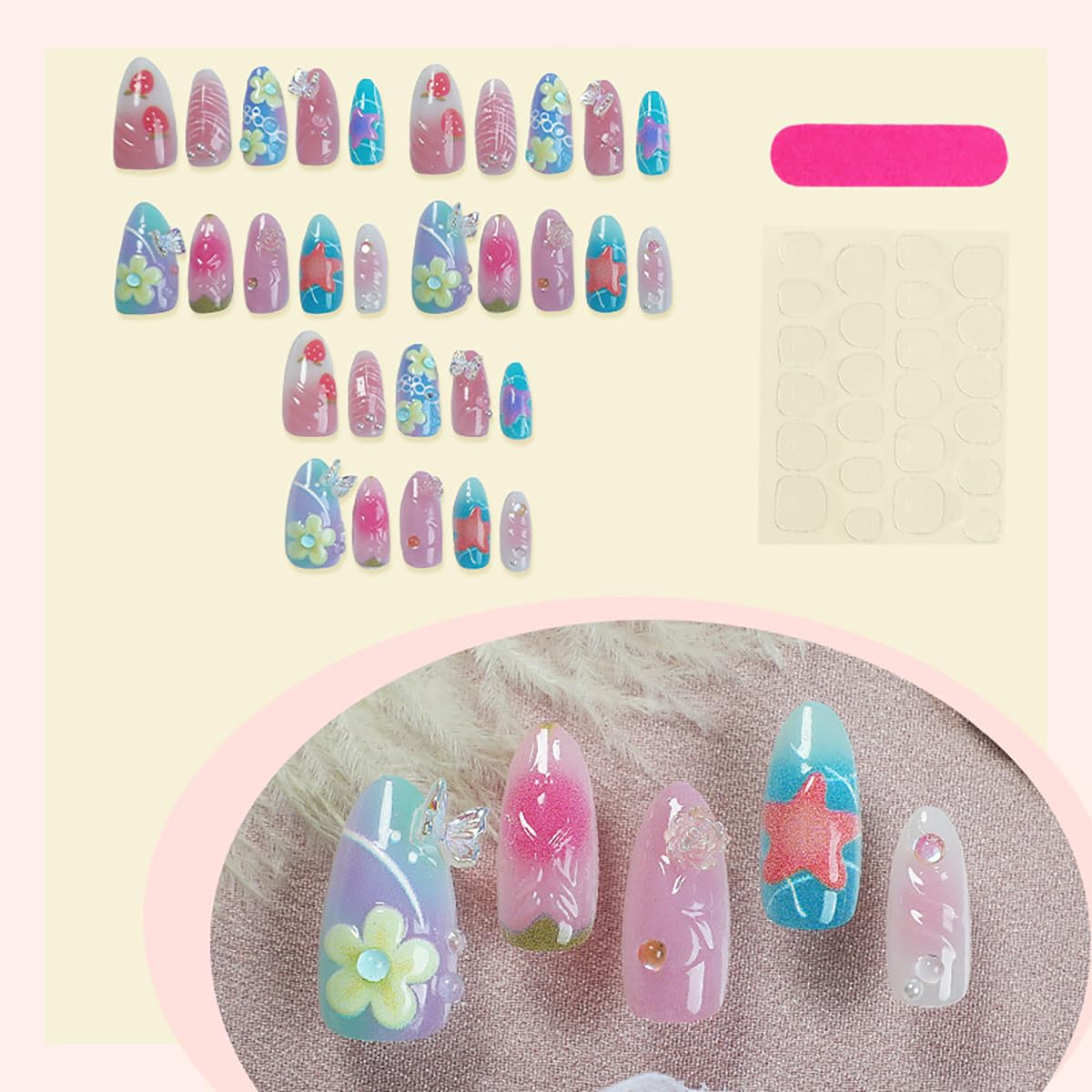 30Pcs Goth Press on Nails Medium Coffin Fake Nails Blue Laser Chrome with Black Spider Bat Glitter Designs Full Cover Y2k Glue on Nails Halloween False Nails Stick on Nail for Women Acrylic DIY: Cute Starfish-7