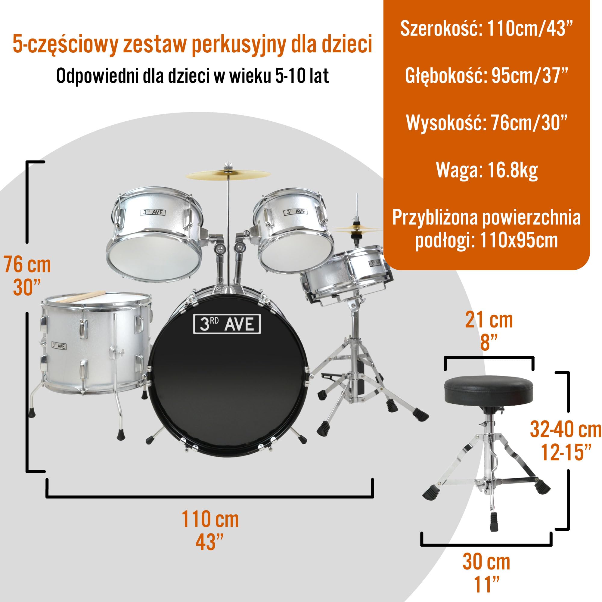 3rd Avenue Zestaw Perkusyjny dla Początkujących Junior Kids, 5-Częściowy Zestaw Perkusyjny z Talerzem, Stołkiem i Pałeczkami w Kolorze Srebrnym