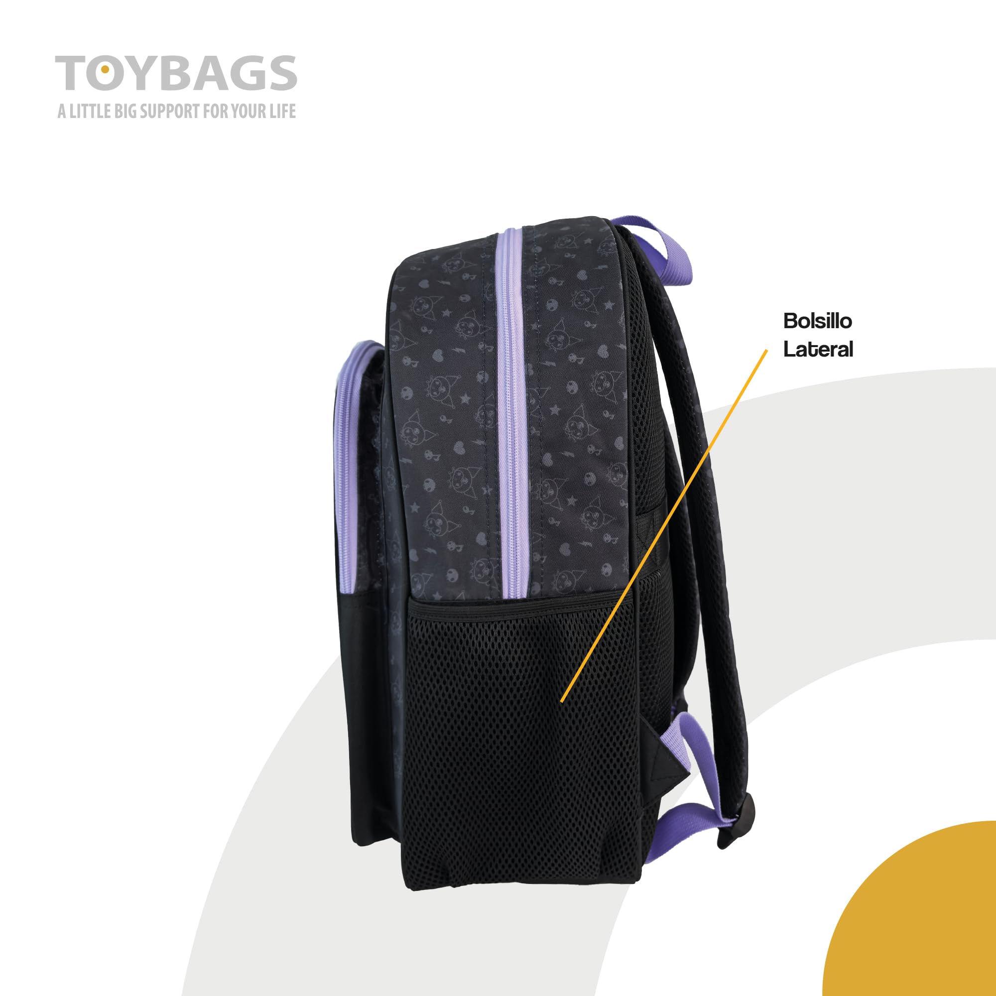 TOYBAGS Mochila Escolar Kuromi - Doble Compartimento - CON ACCESORIO POM-POM ADAPTABLE A CARRO - Compartimento portalaptop - Espaldera acolchada - 44 X 30 X 20 CM