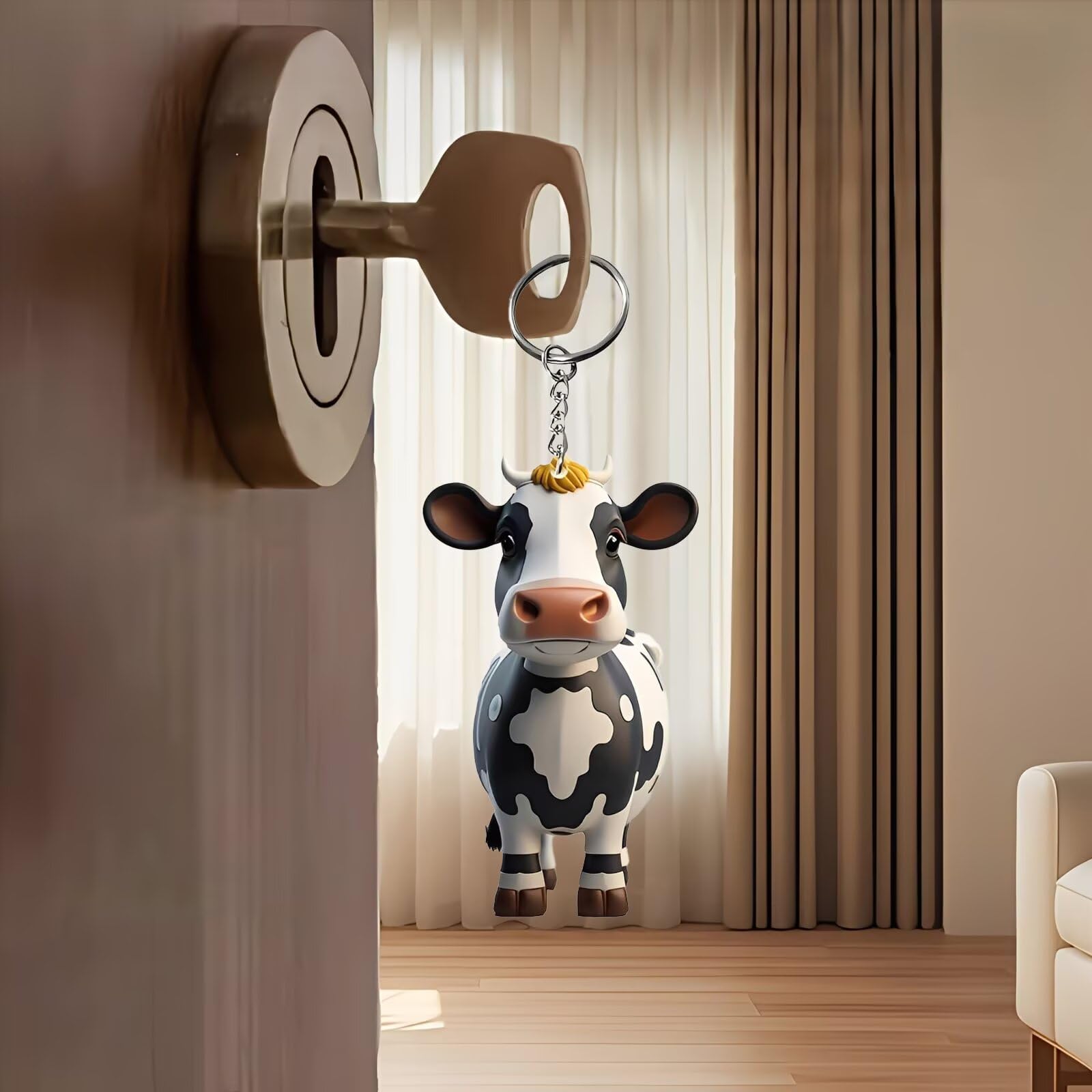 Cute Black White Cartoon Cow Acrylic Keychain - Flat Printed Animal Keyring with Gold Top Detail for Keys
