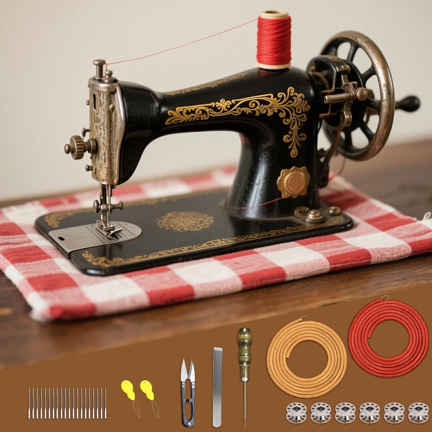 2 PCS Treadle Sewing Machine Belt, 72 Inch 3/16" Replacement Leather Belt with Hook for Singer/Jones Sewing Machine - 31 PCS Accessories Included