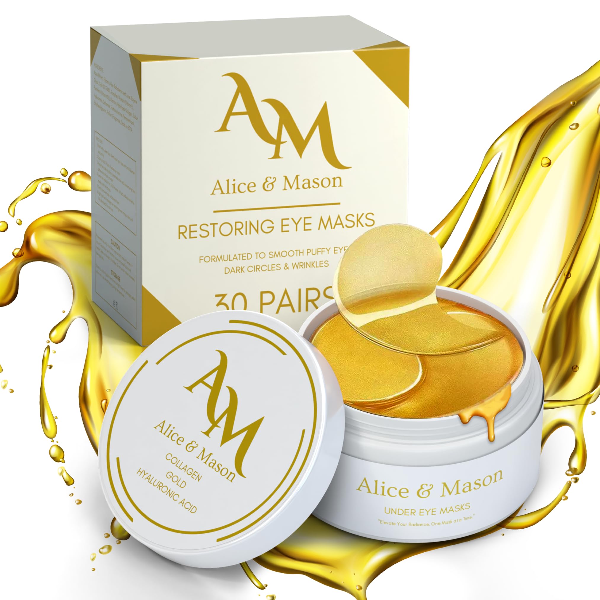 Alice & Mason Under Eye Patches (Gold, 60 PCS) For Puffy Eyes, Dark Circles and Undereye Bags - 24K Gold Collagen Eye Mask Patches - Birthday Gift for Women - Skincare Self Care