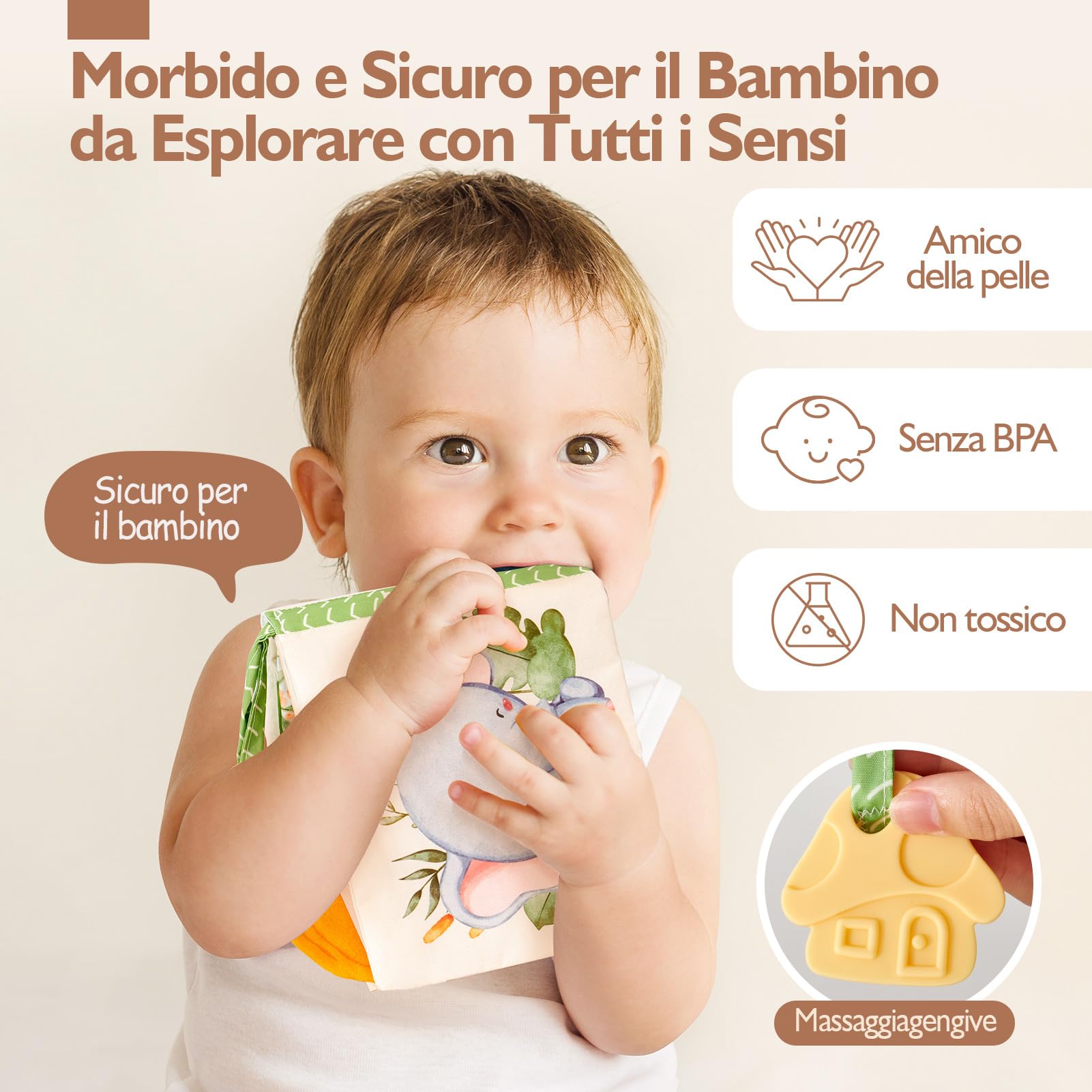 hahaland Libri di Stoffa Neonati 0-6 Mesi - Morbidi Animali Interattivi Libretto Tattile con Specchio - Giochi Sensoriali per Bimbo Bimba