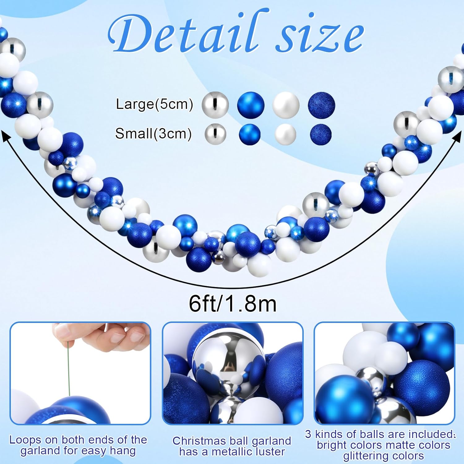 2 pcs christmas balls garland 6 ft hanging ornaments xmas balls decorations with 2 pcs 10 feet led lights indoor outdoor tree mantel wedding decoration(dark blue,light blue,silver)