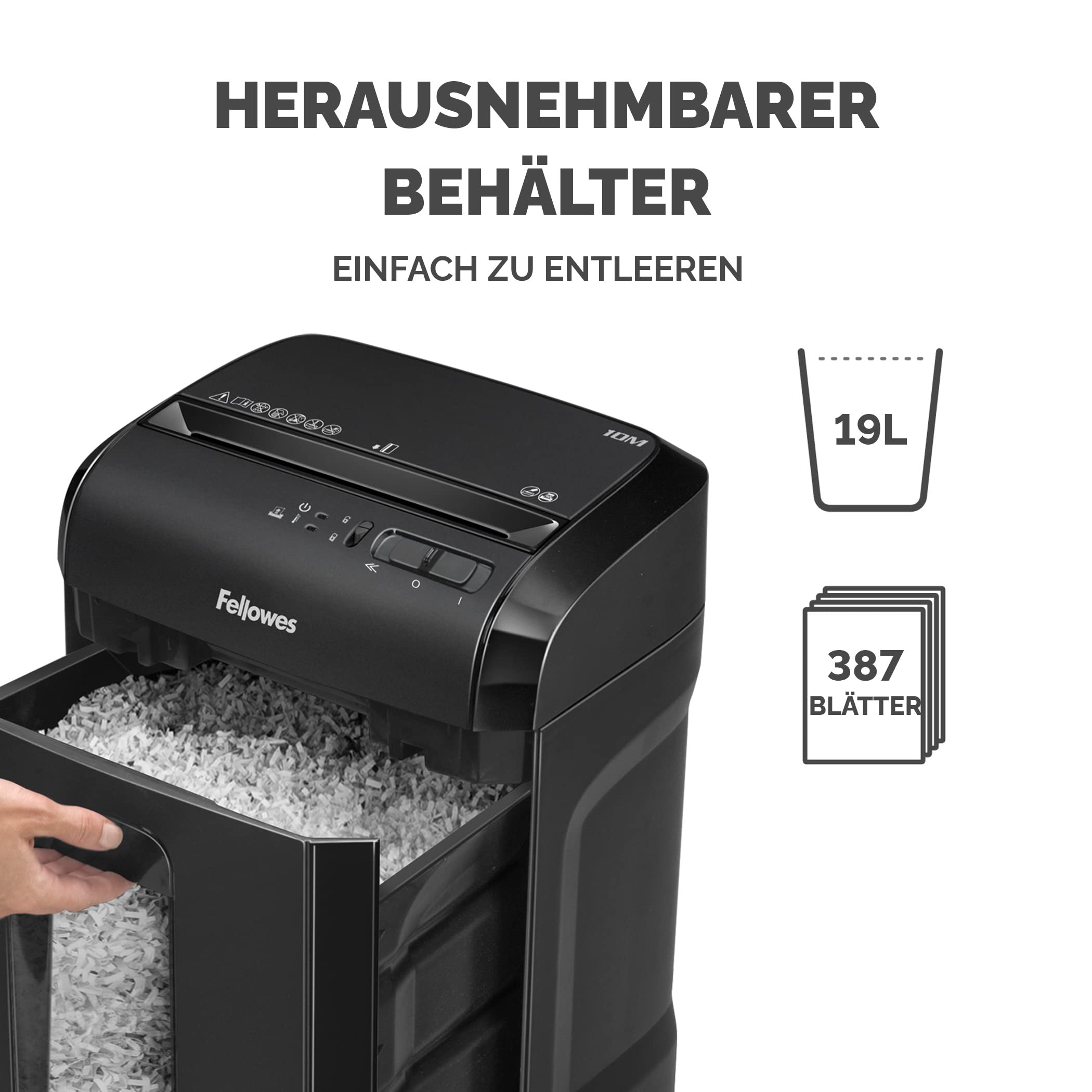 Sicherheitsstufe P5 Aktenvernichter: Fellowes Microcut (2000+ Partikel/A4), 10 Blatt, Powershred 10M, Büro/Homeoffice, 19L Papierkorb, Sicherheitssperre, schwarz