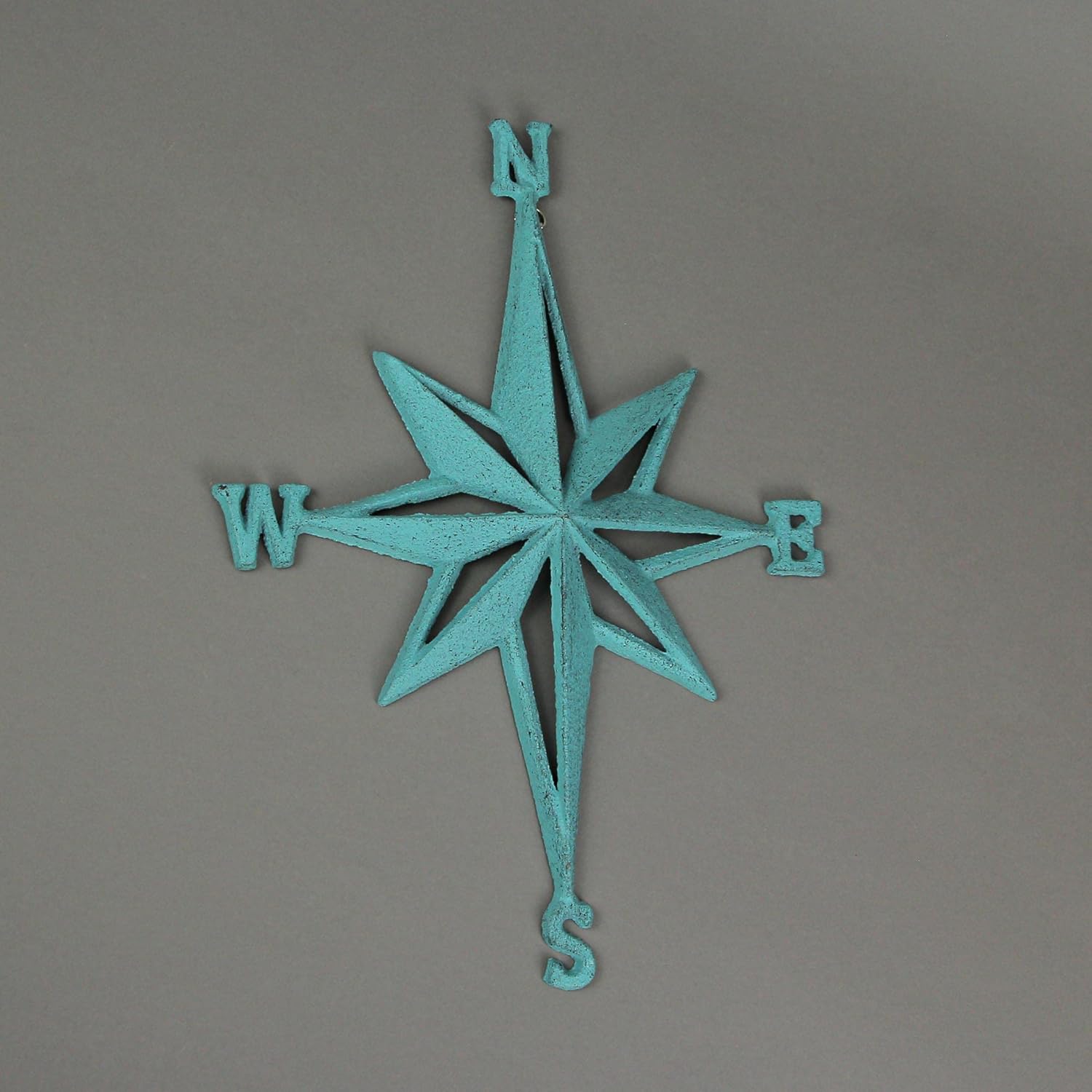Turquoise Blue Cast Iron Compass Rose Wall Hanging Sculpture - Coastal Home Decor Art Piece - 13.5 Inches High Nautical Elegance for Indoor or Outdoor Spaces