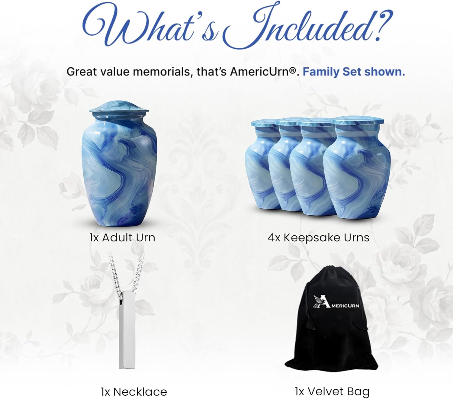 Custom Sky Blue Marble Urns for Human Ashes Adult - Burial Urn Set of 6 with 1 Large urn, 4 Keepsakes, 1 Memorial Necklaces