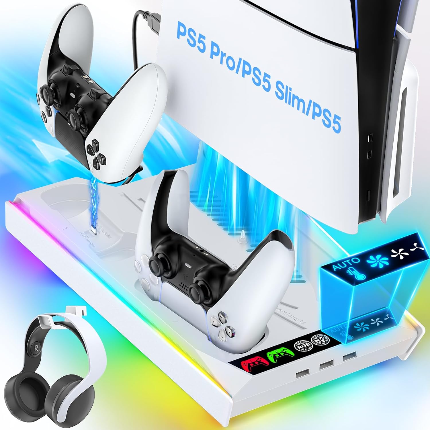 PA5/Slim/Pro Cooling Station with Auto Turbofan & 3-Level Speed, PA5 Vertical Stand Cooling Fan Station with Controller Charger, Accessories Base Cooler Docking Station, White