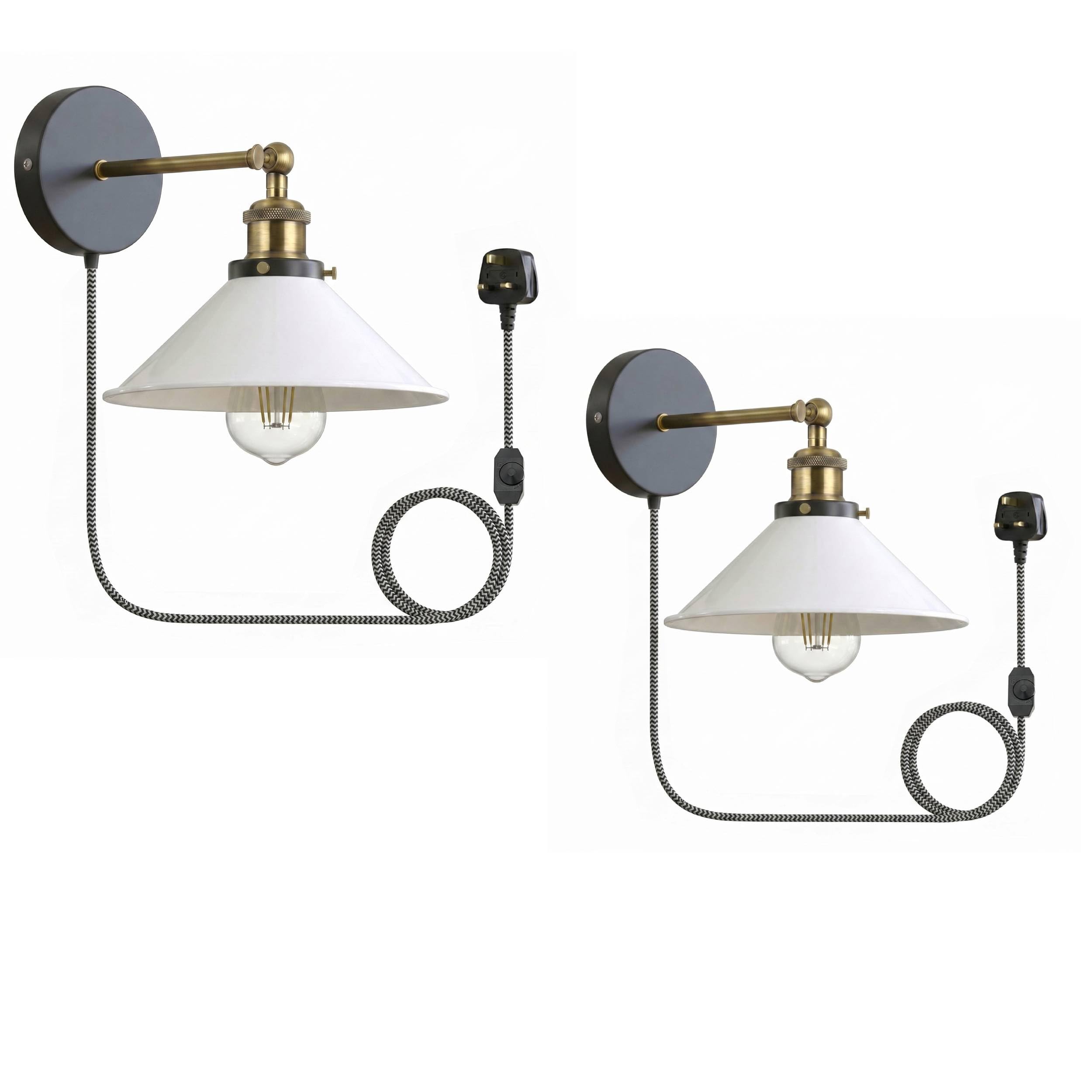 LEDSone 2 Pack Plug in Wall Light with Dimmer Switch, Industrial Swing Arm Wall Sconce Brass Finish White Shade, Adjustable Bedside Wall Lamp for Bedroom Living Room, E27 โ image 1
