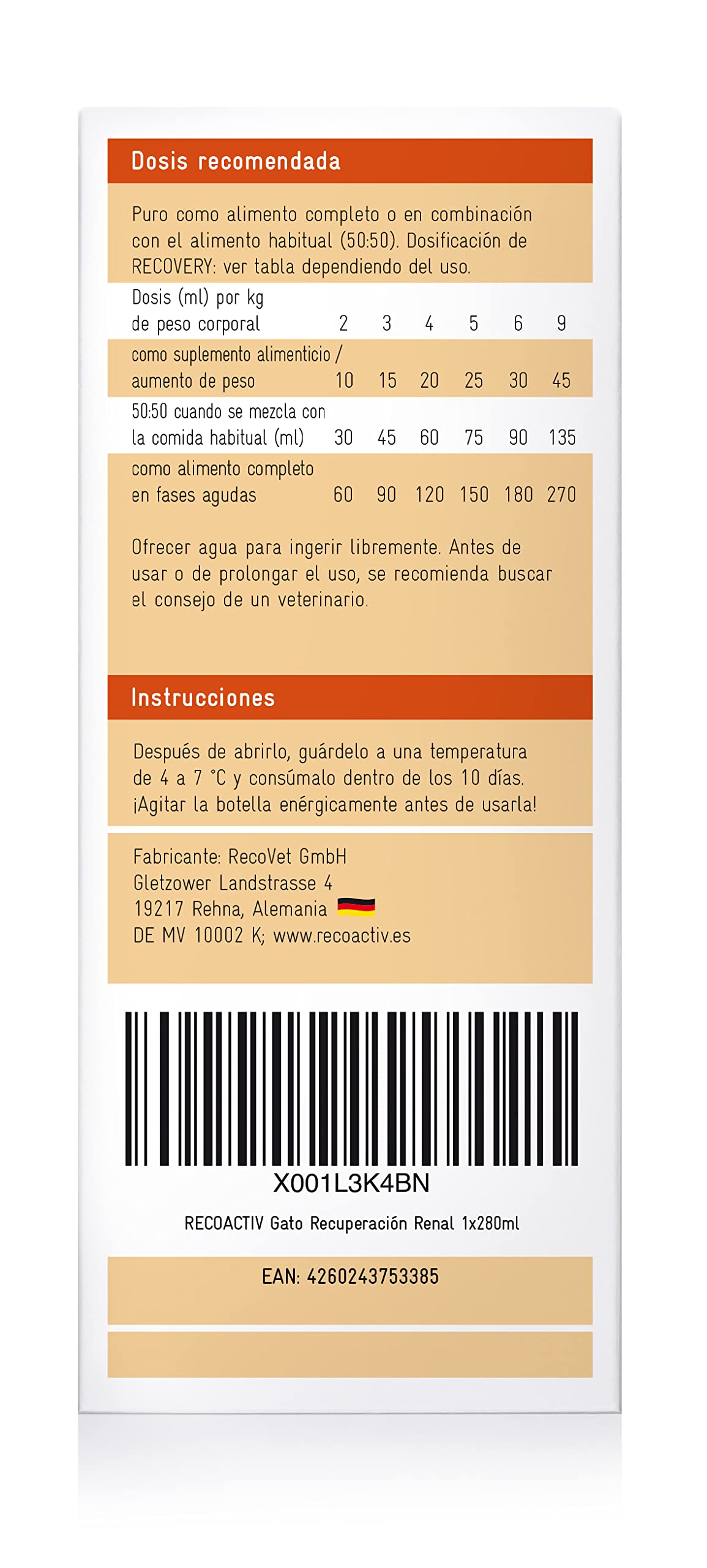 RECOACTIV Recovery Renal para gatos, 1 x 280 ml, alimento dietético completo de alto contenido calórico para la disfunción renal y el aumento de las necesidades energéticas