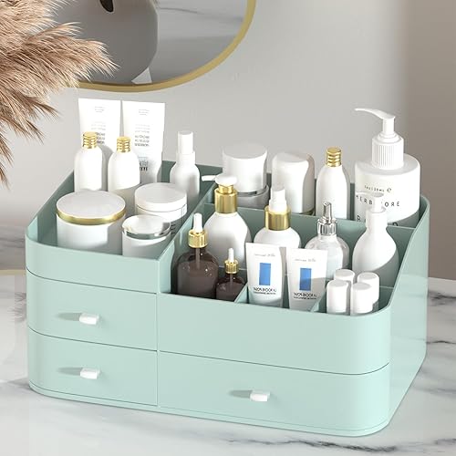 MIUOPUR Makeup Organizer for Vanity, Large Capacity Desk Organizer with Drawers for Cosmetics, Lipsticks, Jewelry, Nail Care, Skincare, Ideal for Bedroom and Bathroom Countertops - Large Green - Large (Pack of 1) - Fresh Green