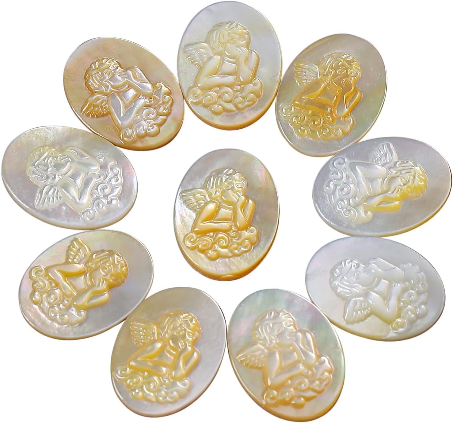 18x13mm Oval Shell Cabochons No Hole - Polished or Embossed Design Flatback for Jewelry Making DIY Pack of 10, Yellow Shell - Angel