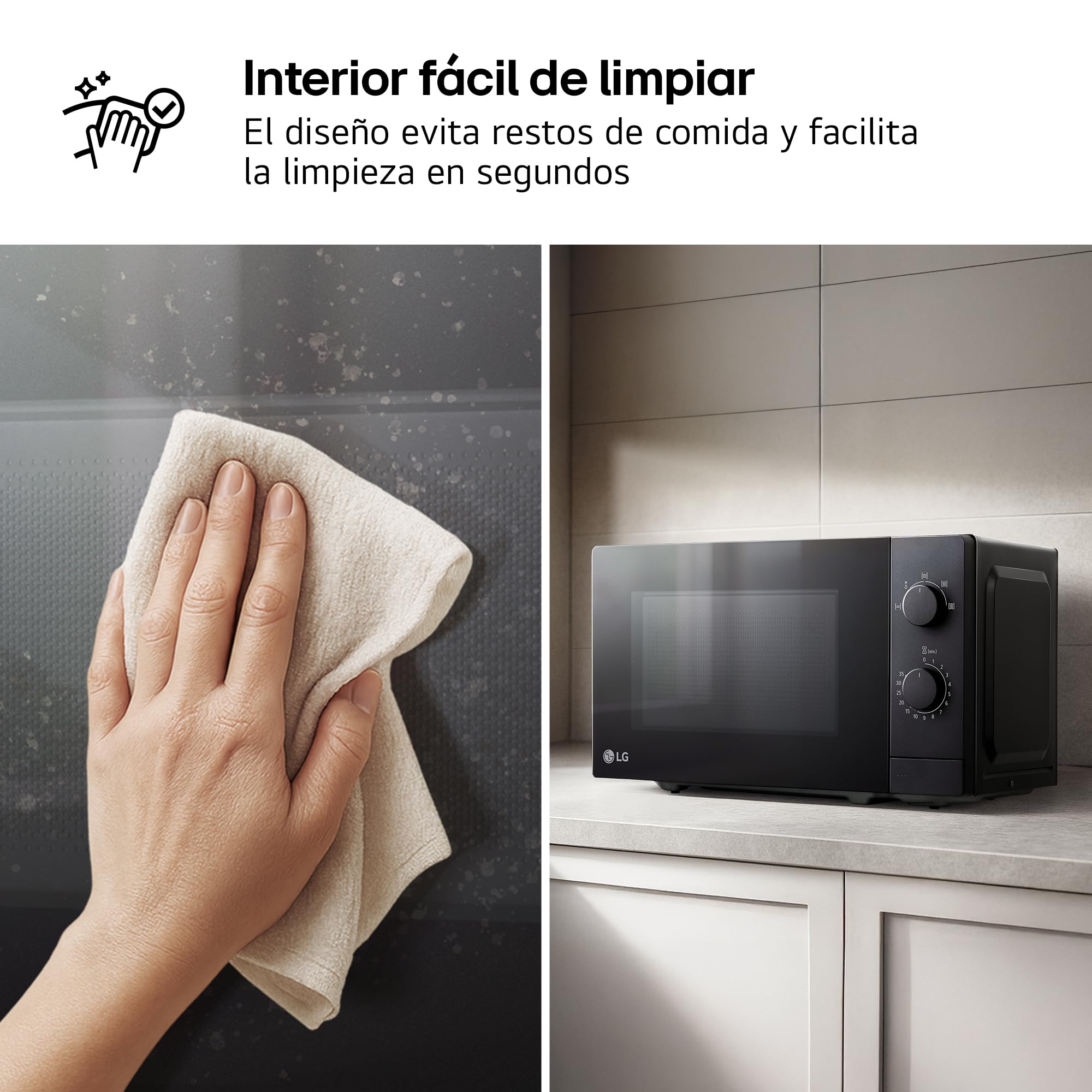 LG - MS2082F Microondas, 20 Litros, 700W, Negro, 44.5x25.8x34.5 cm, Control Mecánico, 5 Niveles de Potencia