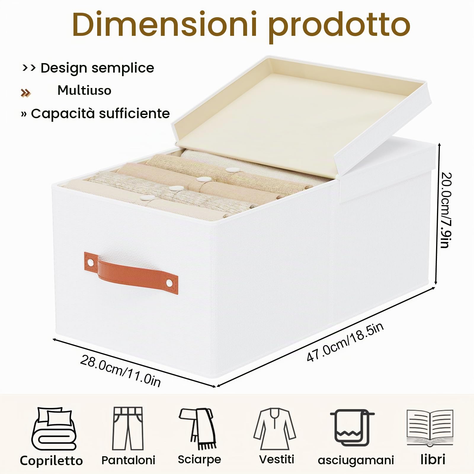 3 Pezzi Scatola con Coperchio Rimovibile, 47×28×20cm Organizer Armadio Cassetti, Salvaspazio, Contenitori con Maniglia, Scatole per Vestiti da Letto a Casa, Bianco