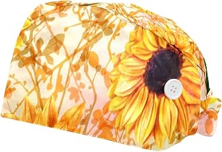 2 Pieces Working Hat with Buttons Adjustable Sweatband Bouffant Hats Unisex Tie Back Hats Yellow Sunflowers Green Leaves