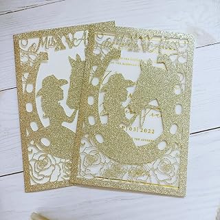 50pc Glitter Paper Quinceanera Invitation Sweet Sixteen Party Invitation Glitter Horse DIY Laser Cut Western Wedding Cards With Envelope (Gold, Only out Card)