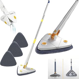 Cleangly 360° Triangular Spin Mop, Magic Mop 360-360° Rotatable Adjustable Cleaning Mop, Shine Mop Triangle, Triangle Microfiber Mop with Long Handle, for Cleaning Wall, Ceiling, Floor (White)