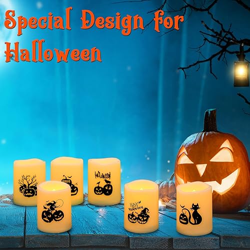 Miniatura 5 de Velas votivas de Halloween sin falma, más de 200 horas, velas LED parpadeantes con calcomanías de calabazas para decoración del hogar de Halloween,