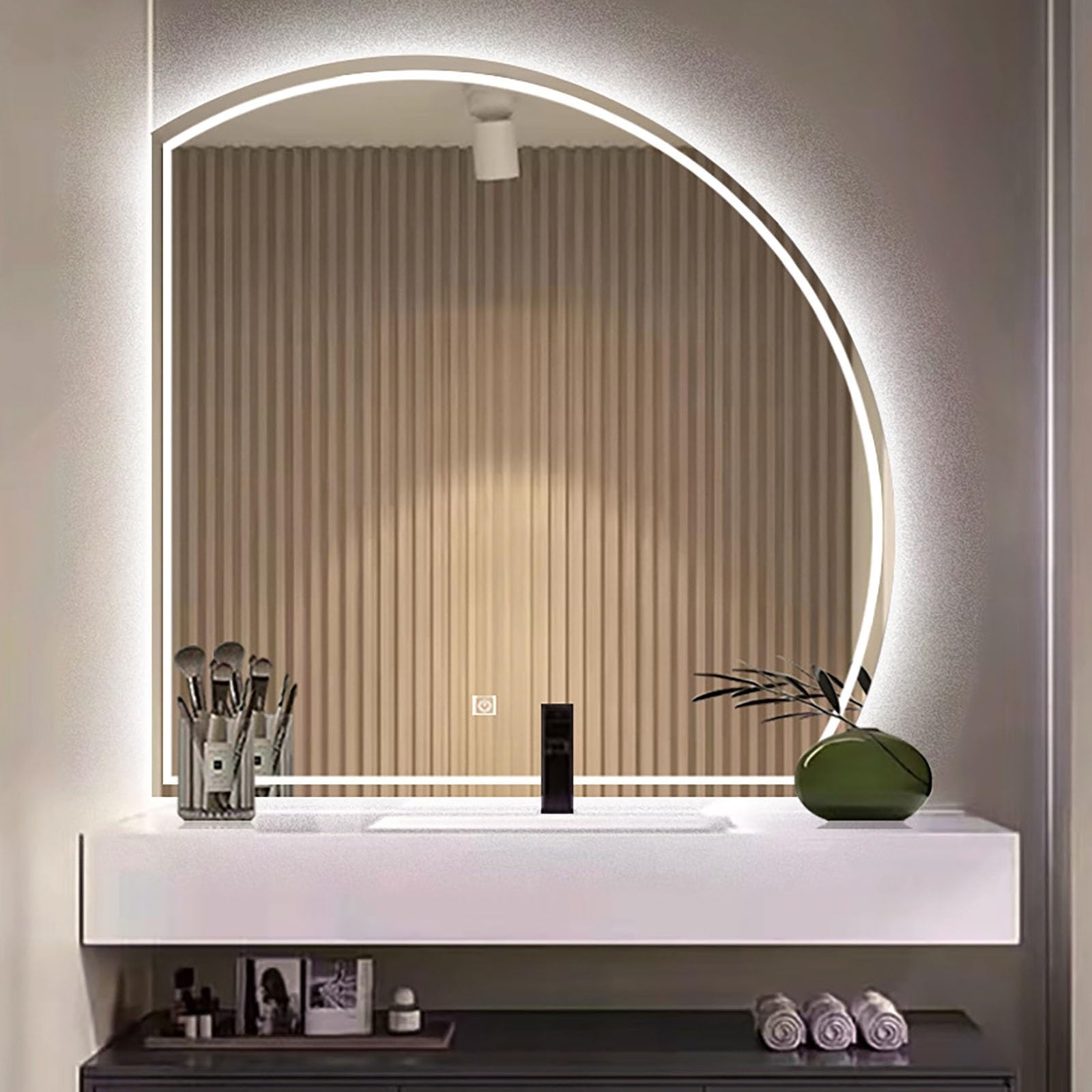 SXFSDOU Dimmable Semicircle LED Bathroom Mirror - Large Half Circle Defogging Makeup with 3-Color Lighting & High Definition Silver Finish Left Cut Design