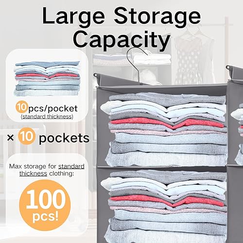 Miniatura 7 de Organizador colgante de armario con 5 estantes - Almacenamiento plegable de doble fila para colgar ropa con 3 ganchos, organizador de armario que