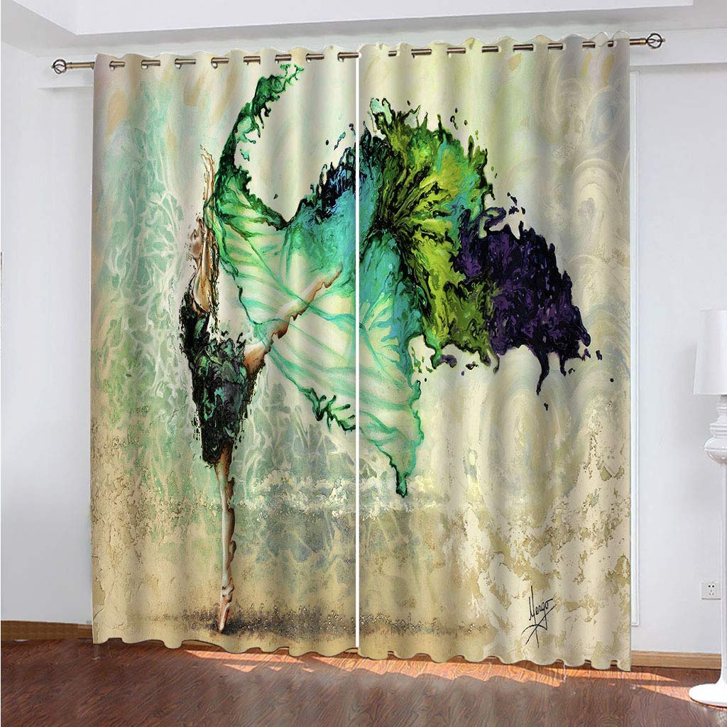 Cortinas Dormitorio Juvenil 160x200 Cm Térmicas Cortina Salon Dormitorio Moderno Con Ojales 2 Paneles 3D Chica Bailarina Con Falda Larga Verde Cortina Opaca Juvenil Sala Estar Niño, Cortinas Ventana